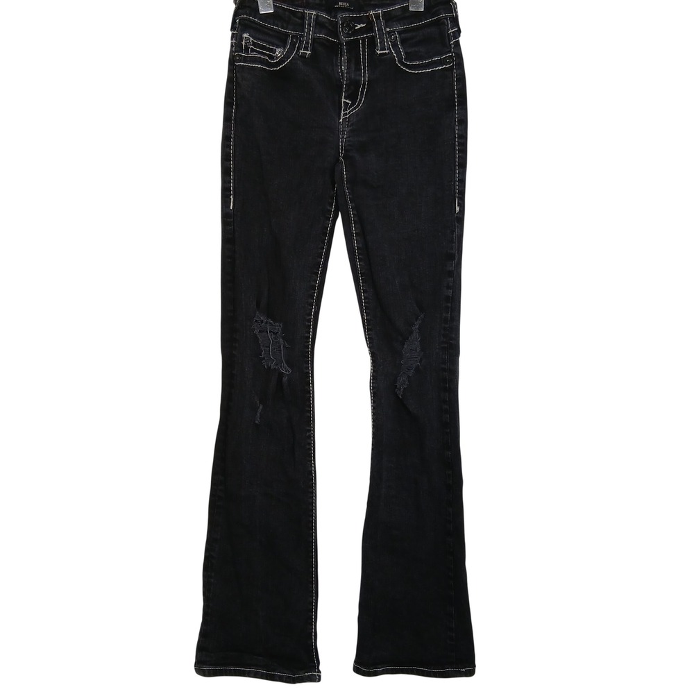 True Religion Becca Mid Rise Bootcut Jeans Distressed Black White Stitch 24